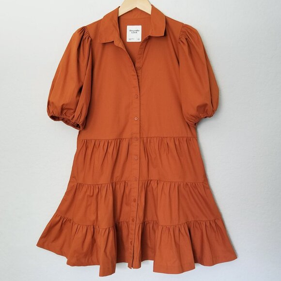 Abercrombie & Fitch Burnt Orange Poplin Puff Sleeve Button Down Tiered Dress S - Picture 4 of 16